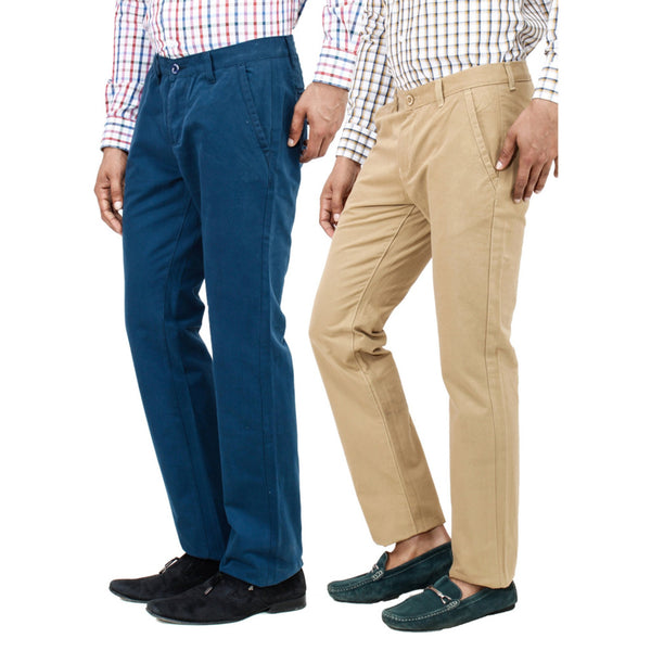 Regular Fit Cotton Chinos Pack of 2 Teal and Khakhi