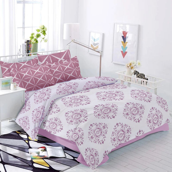 400 Thread Count Printed White Pink Bedsheet with 4 Pillow Covers