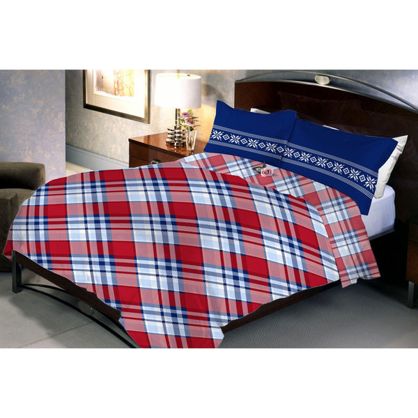 Cross Stripped Red Blue Bed Sheet With 2 Pillow Covers (Queen)