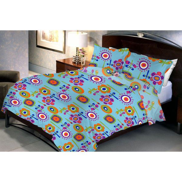 Aqua Flora Bed Sheet And Pillow Covers (Queen)