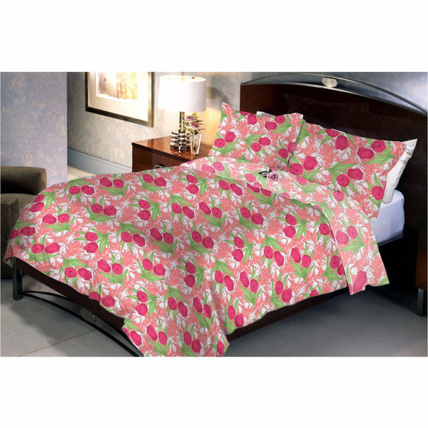 Salmon red roses bed sheet and pillow covers (Queen)